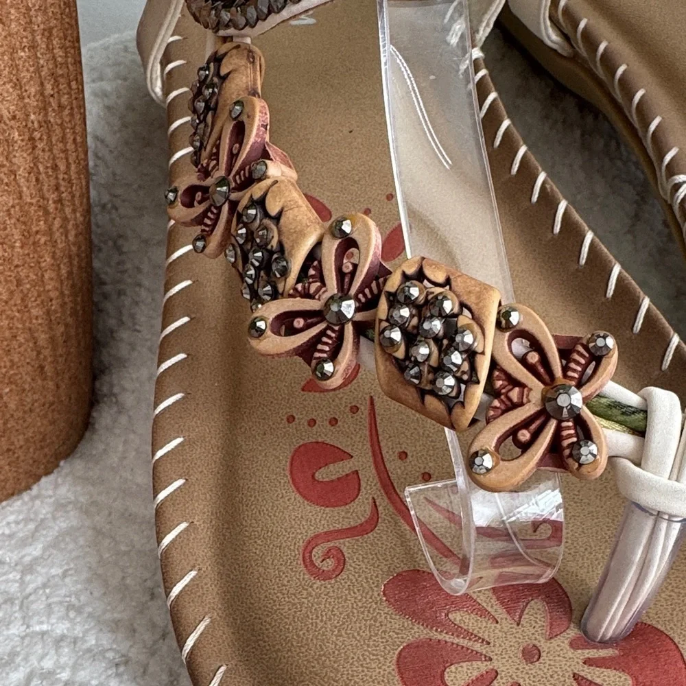 Embellished Tan Floral Slingback Sandals for Women Sz 10 - Picture 4 of 8